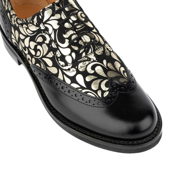 Embassy London Vivienne - Black & Petals - Women's leather oxford shoe with wingtip and brogue details