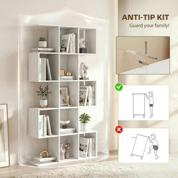 5-Tier Bookshelf, S Shaped Geometric Bookcase with 15 Compartments, White Wood Effect