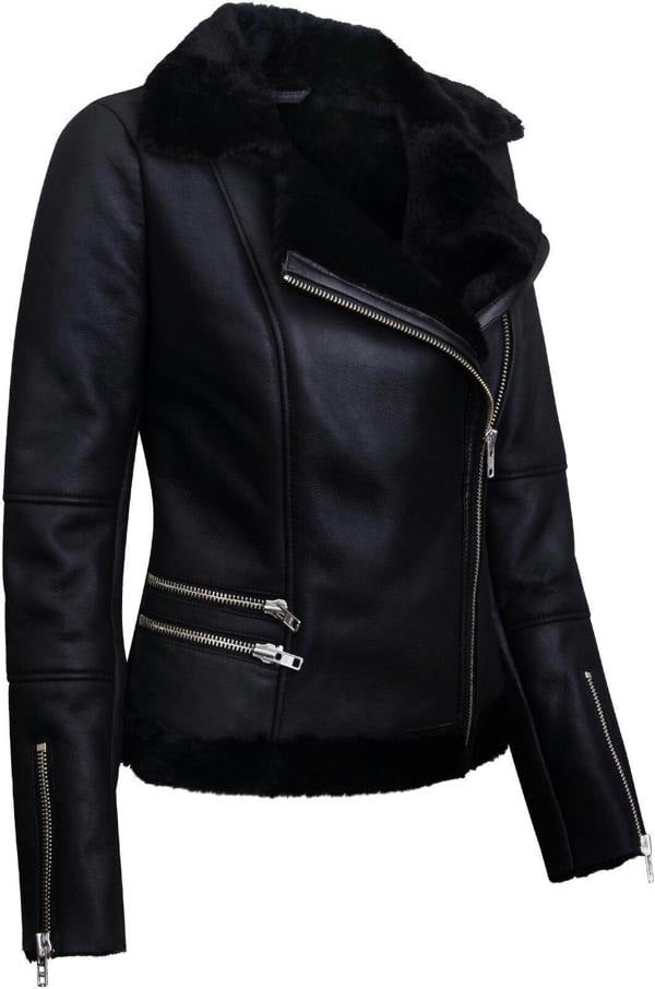 Infinity Leather Womens Black Shearling Sheepskin Aviator Jacket-Kiev