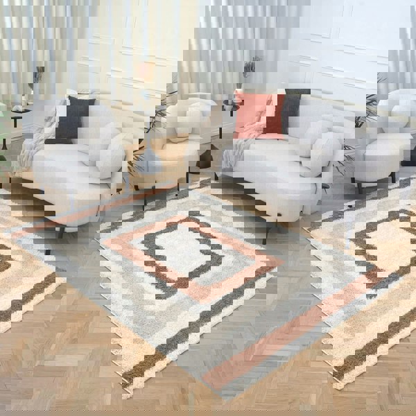 Moodi Shaggy Cream/Brown Rug, Bordered design, easy to clean, fluffy pile| THE RUGS