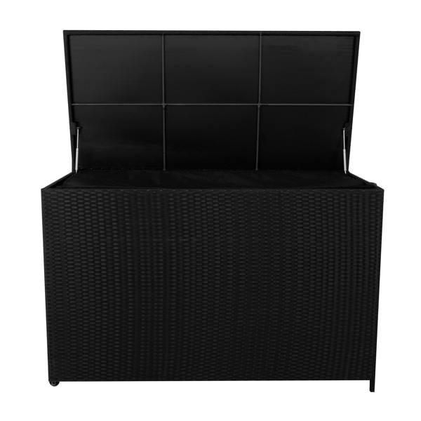 Stylish black rattan cushion storage box with a textured weave, featuring a spacious interior and a hinged lid for easy access