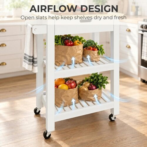 HOMCOM Kitchen Trolley Utility Cart on Wheels with Rubberwood Worktop White