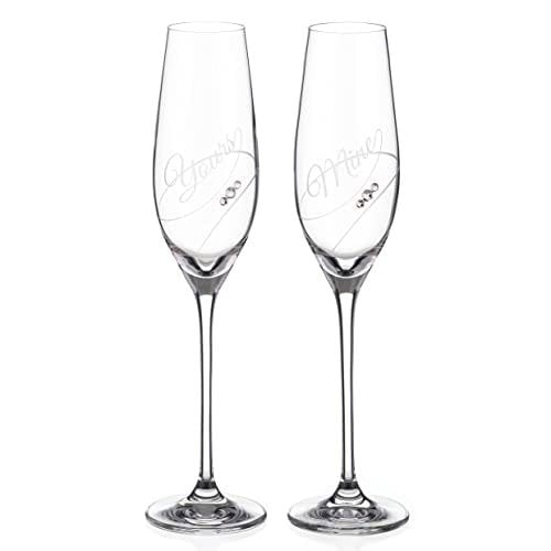 Diamante Crystal Flutes Glasses - Yours & Mine - Set of 2