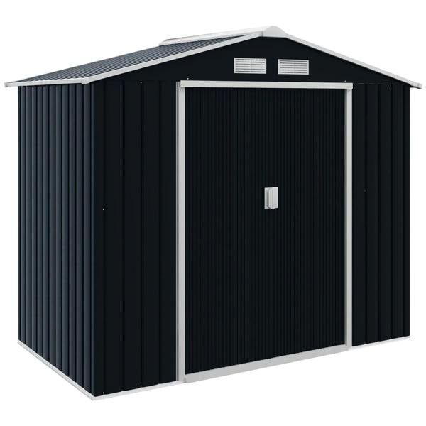 Dark grey metal outdoor bike storage shed with double doors and two roof ventilation vents.
