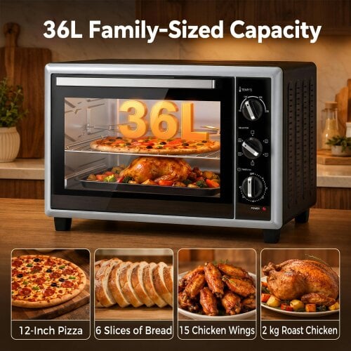 HOMCOM 36L Mini Oven with Convection, Adjustable Temperature, 1500 W, Black