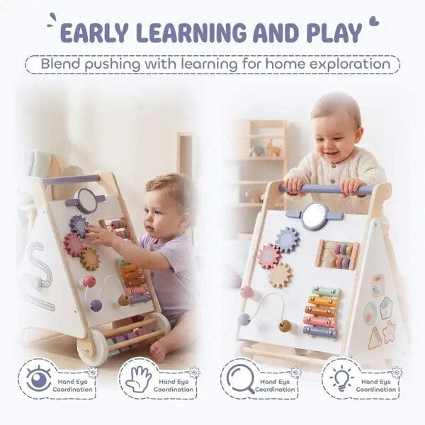 Bobobiy Wooden Baby Walker, Montessori Push Along Toy with 5 Blocks and Xylophone Mallet, Adjustable Speed for Toddlers 1.5-3Y