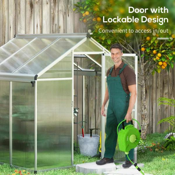 Small aluminium greenhouse with lockable door and clear corrugated polycarbonate panels.
