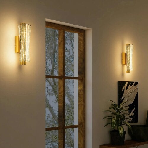 Bobobiy Led Wall Lamp 2 Pack, 9W Modern Indoor Geometric Mesh Wall Light, Colour Temperature Adjustable 3000K/4000K/6500K, Stairs, Gold Tone