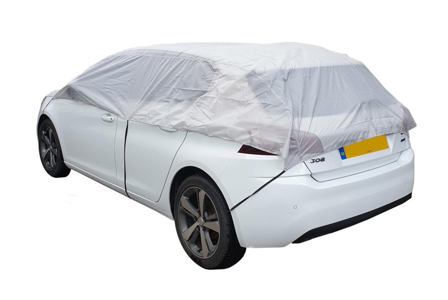 The Nylon Car Top Cover medium by OLPRO on a white Peugeot car on a white background.