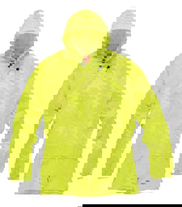 Scruffs Mens Waterproof Suit Yellow Two-Piece Rain Set Rainsuit Trousers and Jacket, bright yellow lightweight rain gear with hood and full zipper front.