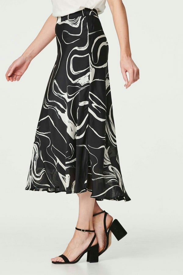 Black | Printed High Waist A-Line Midi Skirt