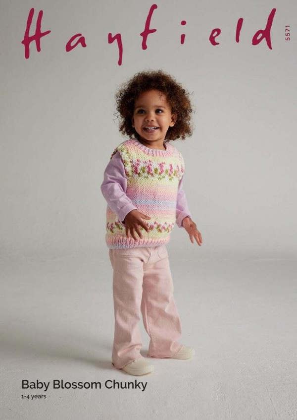Hayfield Baby Blossom Chunky Knitting Pattern 5571, Slipovers for Baby, Kids, 1 - 4 Years