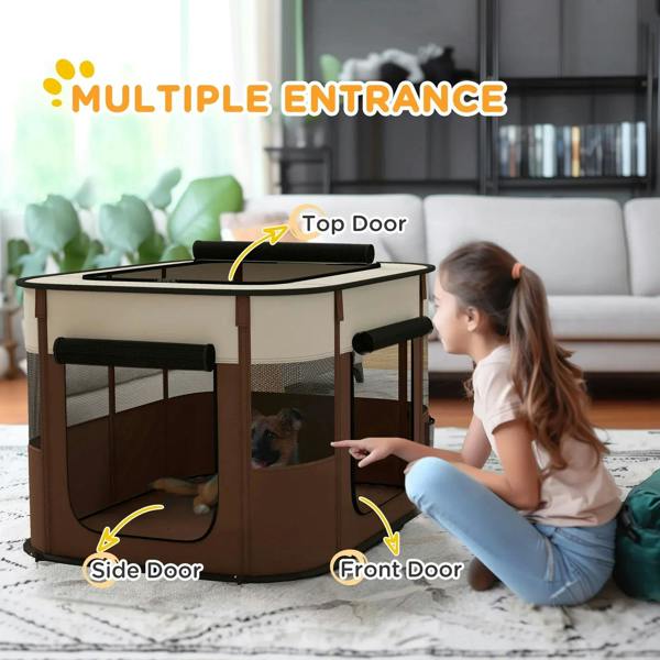 Brown foldable dog playpen with top door, front door, and side door access