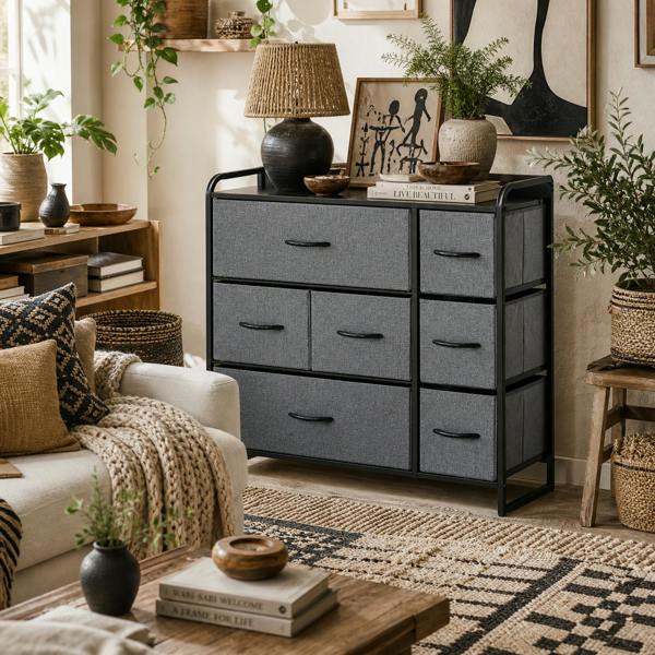 Wyld Haus Lizi Fabric And Metal Grey 7 Drawer Foldable Storage Chest