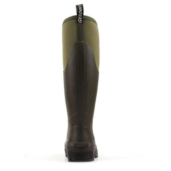 GriSport Mudmaster Mens/Womens Neoprene Fishing Hunting Farm Wellies Boots, front view of the waterproof rubber wellies in black and green, with sturdy soles suitable for outdoor activities.