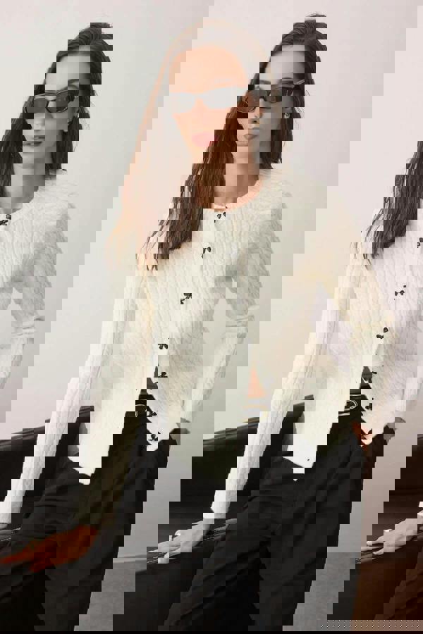 WOVCOR Soft-Textured Knit Cardigan with Ribbon Buttons Detail