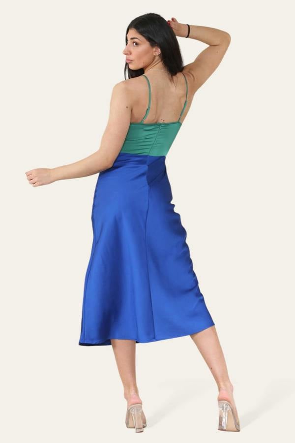 Women's Satin Sleeveless Midi Dress with Mermaid Wrap Style and Contrasting Green & Blue- Elegant Strappy Cocktail Summer Outfit - Elaina Fashion