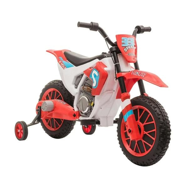 Red and white kids electric motorcycle ride-on with training wheels and chunky tread tires