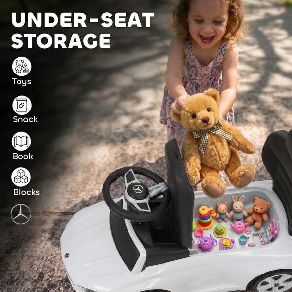 4 in 1 Licensed Benz Ride on Push Car with Handle, Canopy, Guardrails, Horn, Music, Storage for 12-36 Months, White