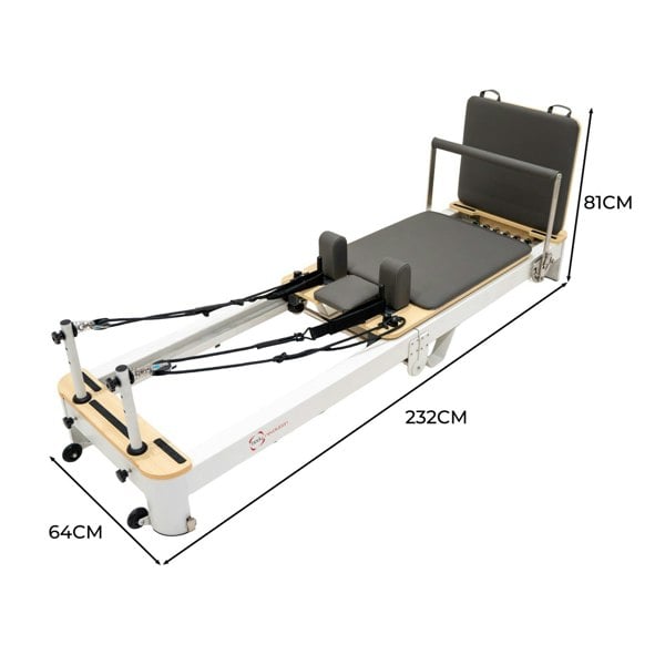 Aluminium Pilates reformer machine with a sleek design, grey padded surface, adjustable straps, and smooth wheels for easy movement