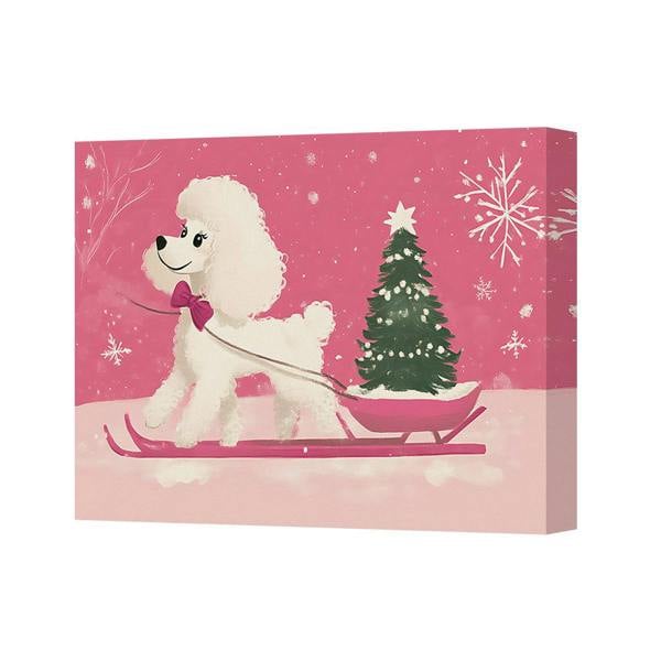 Benjamin Tate Design Pink Christmas Canvas Art With Poodle On Skis Pulling Christmas Tree