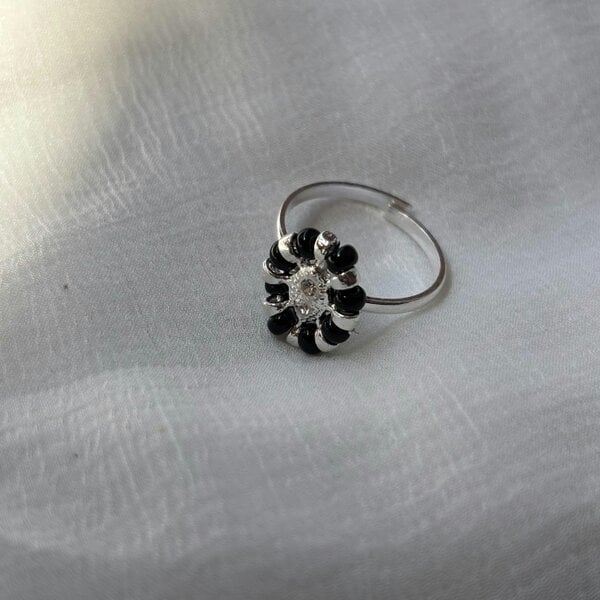 The Colourful Aura Adjustable Silver Black Floral Slim Daisy Dainty Midi Ring