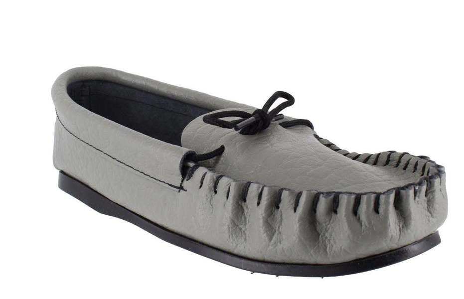 Northamptonshire Slipper Co. Mens British Hand Made Casual Leather Moccs Moccasins Slippers, a men's handcrafted casual leather moccasin in light gray with black detailing and laces.