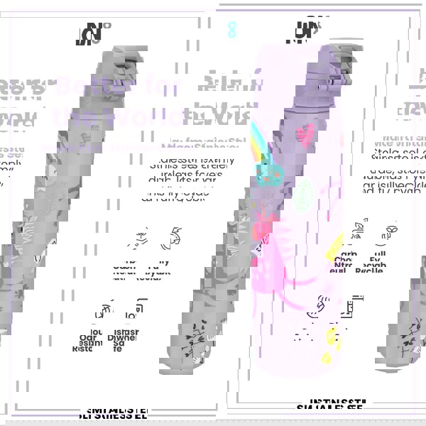 ION8 Leak Proof Slim Water Bottle, Stainless Steel, Purple Unicorns, 600ml (20oz)