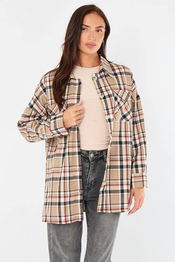 Elaina Fashion Oversized Checkered Shirt - Beige