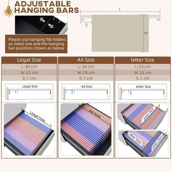 Diagram of adjustable hanging file bars for legal, A4, and letter sizes