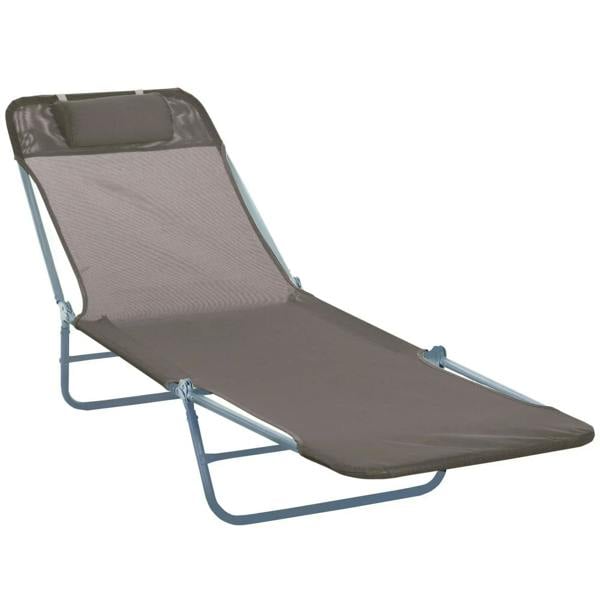 Brown foldable sun lounger with adjustable backrest and padded headrest pillow