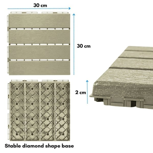 Oseasons Polydeck (Pack of 12) Woodgrain-Effect 30x30cm Decking Tiles in Beige