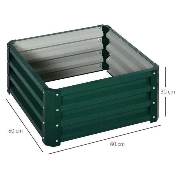 Green steel raised planter box with open base, 60 x 60 cm dimensions