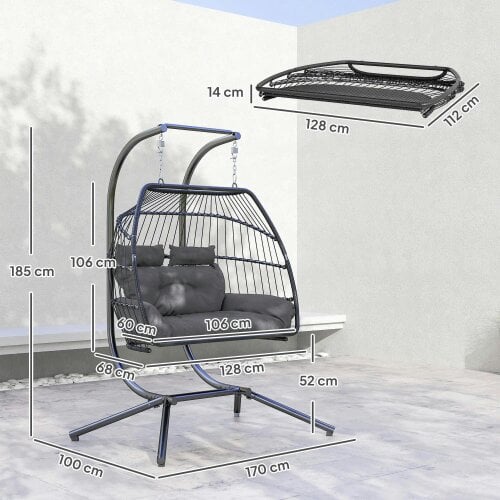 Bobobiy Rattan Double Hanging Egg Chair with Stand, Foldable Wicker Swing Egg Chair with Cushion, Steel Frame, Capacity 260 kg, Dark Grey