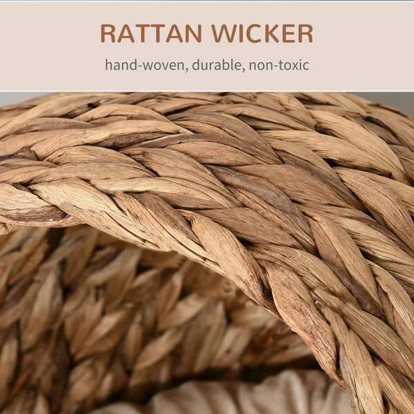 Woven rattan wicker fabric on a cat bed dome, close-up basket weave texture