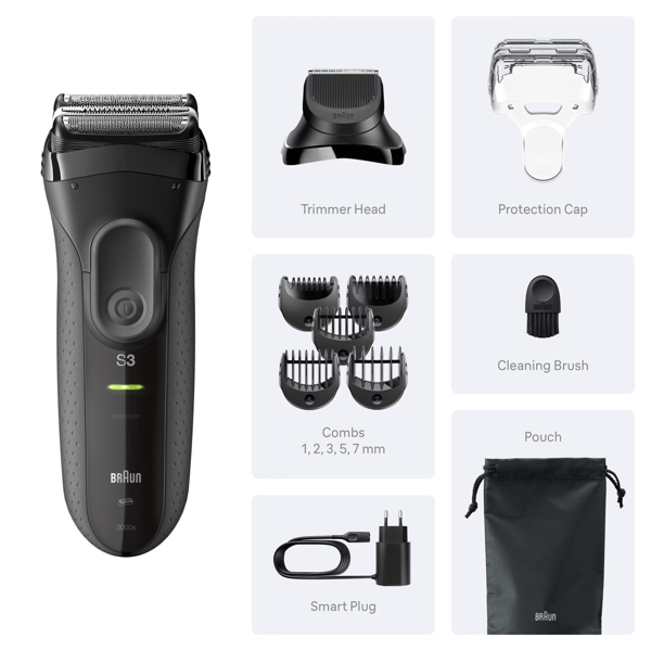 Braun Series 3+ 3000BT Electric Shaver, Beard Trimmer Attachment, Dry - Grey