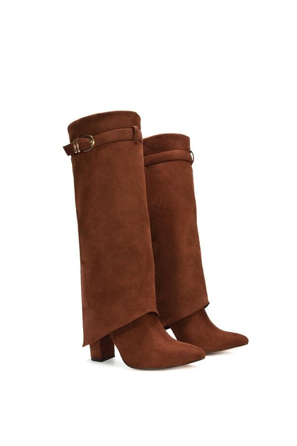 XY LONDON Fold Over Boots Block Heel Buckle Point Toe