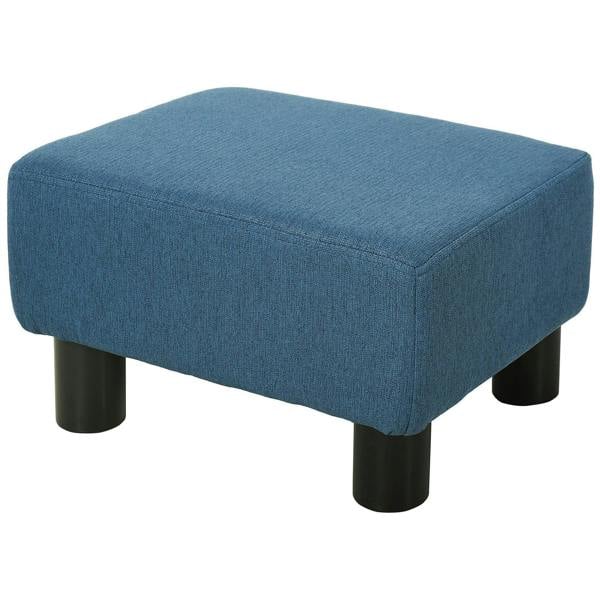 Blue linen cube ottoman footstool with four black plastic legs