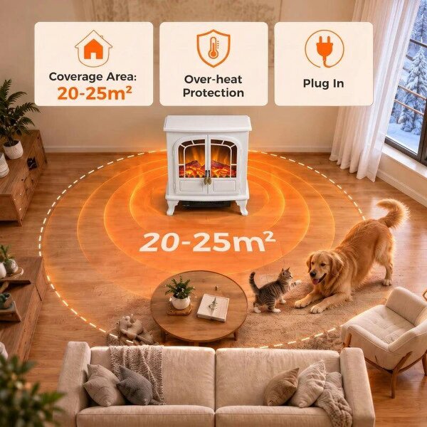 Freestanding Electric Fireplace Stove Heater with LED Fire Flame Effect White