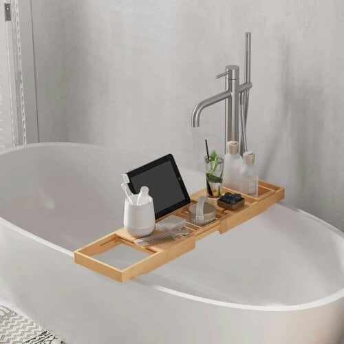 Extendable Bamboo Bathtub Shelf Rack Bath Caddy Tray Bathroom Storage
