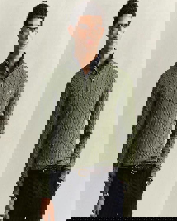 GANT Mens Cotton Cable Half Zip Jumper - 379 Dry Herb Green