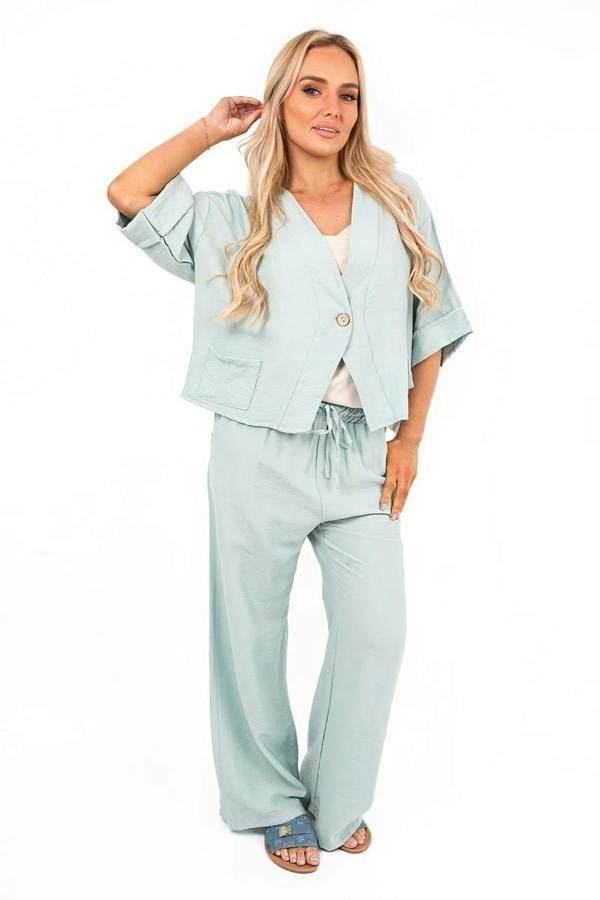 Lyssa Button Front Wide Sleeve Top And Trouser Co-ord Set - Mint