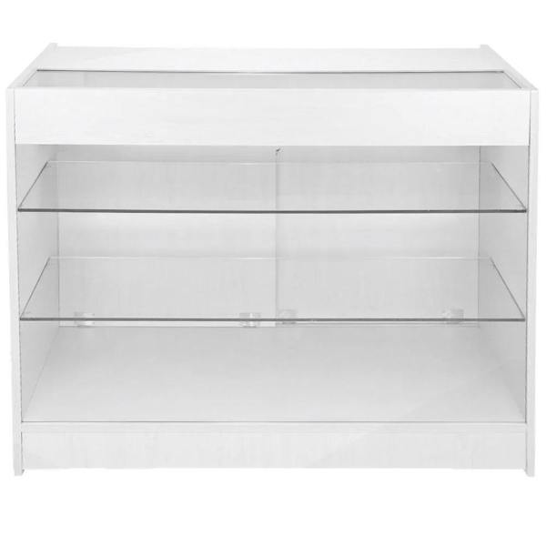 K1200 retail display cabinet in brilliant white with glass shelves, sleek design, and modern finish, perfect for showcasing products