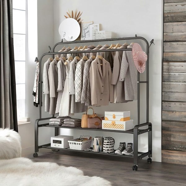 Rafaelo Mobilia Heavy Duty Metal Clothes Rail Open Wardrobe With 2 Storage Shelves Black
