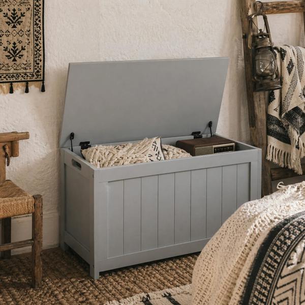 Wyld Haus Halumo Grey Wooden Panelled Blanket Storage Chest