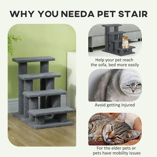 Grey pet stair ladder with multiple padded steps for reaching sofas and beds