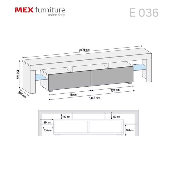 Mex Furniture Sleek 200cm TV Unit Cabinet Stand High Gloss Doors with Free LED Lights