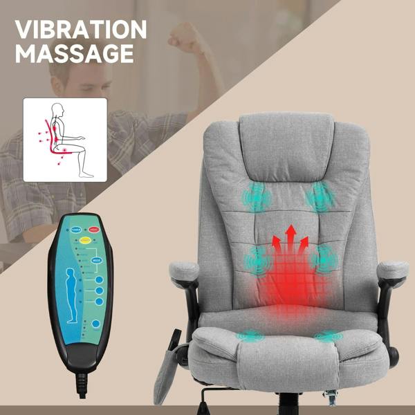 Light grey fabric office chair with vibration massage and heated back icons