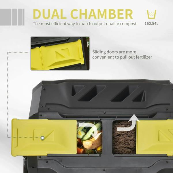Dual-chamber rotating composter with yellow sliding door panels and visible inner compost