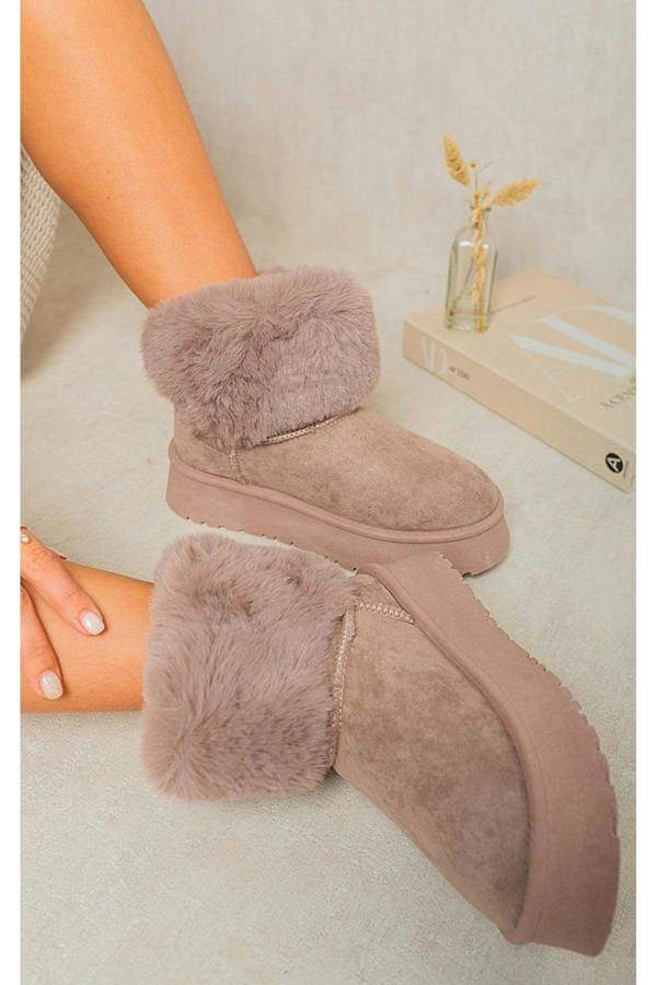 Elsa Fuzzy Cuff Slip On Snow Boots - Taupe